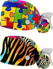 [YTYVAGT] 2-Pc,Nurse Scrub Caps,Scrub Hats with Buttons and Cotton Sweatband,Colorful Rainbow Puzzle