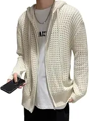 [heyheyshine] Men's Mesh Hooded Cardigan Sweaters Lightweight Zip Up Crochet Knit Sweater Jacket Oversized Fall Outwear