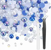 uxcell 50g Flatback Rhinestones, 3mm-10mm Mixed Rhinestones and Half Pearls with Pick Up Pen and Tweezer for Nail Art Crafts, Phone Case, Clothes DIY (Blue/White)