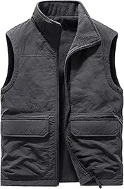 [Generic] Men's Double-Sided Vest Multi-Pocket Sleeveless Outerwear Stand Up Collar Zipper Outdoor Waistcoat
