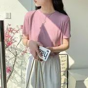 Short-Sleeve Round Neck Plain T-Shirt Purple Pink - M