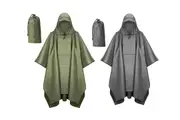 Waterproof Rain Poncho For Adults Jacket Coat Hooded For Hiking Outdoor Activities-Army Green And Gray