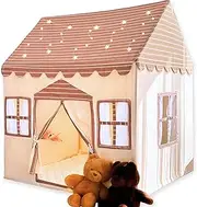 Large Cotton Kids Tent - 50"x43"x63" Indoor Play House with Wooden Frame & Battery Lights, Tent for Kids with Carry Bag, 3 Windows & 2 Pockets, CPSC Certified