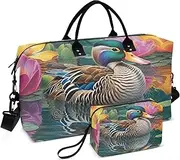 [WOIWB] Duffel Bag Set for Travel Gym Sport, Weekender Bag Carry on Overnight Bags for Women Men-Mandarin Duck Pool Print, Multicolor, 20.5 x 7.9 x 13.8 inches+9.1 x 3.5 x 5.9 inches