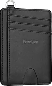 [EcoVision] Slim Minimalist Front Pocket Wallet, RFID Blocking Credit Card Holder Wallet with Detachable D-Shackle for Men Women, Cowhide Black, Minimalist
