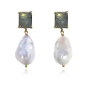 Culturesse Carlotta Drop Earrings Labradorite Baroque Pearls 24K Gold Plating