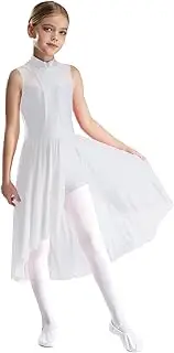 [Fldy] Girls Figure Skating Dance Dress Leotard Kids Sleeveless Side Split Asymmetrical Sparkly Gymnastics Dress