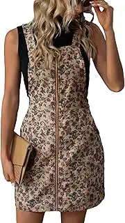 [SOLY HUX] Women's Floral Print Zip Up Corduroy Overall Dress Sleeveless Pinafore Short Dresses with Pockets