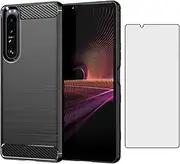 [Asuwish] Phone Case for Sony Xperia 1 II 2 / Experia 1II 5G with Tempered Glass Screen Protector Cover and Cell Accessories Slim Silicone Experia1ii XQ-AT52 XQ-AT51 XQ-AT42 Women Men Carbon Fiber Black