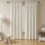 Joydeco Boho Curtains for Bedroom Living Room, Farmhouse Curtains 84 inch Long 2 Panels Living Room Curtains, Linen Tassels Curtains with Embroidery Window Curtain Panels, Beige with Tassels