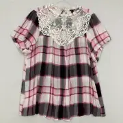 New Torrid Pink Black Plaid Lace Mesh Boho Ultra Soft Rayon Blouse 2X Preppy