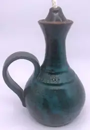Studio Art Pottery Oil Lamp Blue Green Glaze with Wick 4.5”