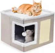 Cat Bed Cave Foldable Condo Cube Hideaway Scratch Pad Reversible Cushions Khaki