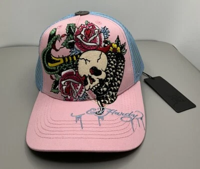ED HARDY RHINESTONE COBRA SNAP BACK HAT IN THE COLOR PINK & SKY BLUE