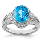 Sterling Silver Rhodium-plated Diamond u0026 Checker-Cut Blue Topaz Ring