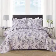 Purple Green White Floral Quilt Twin Size Lightweight Flower Leaves Bedspread...