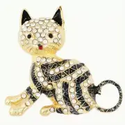 Betsey Johnson Striped Cat Brooch Black & White Iridescent Crystal Gold Tone
