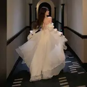 Long-Sleeve Sweetheart Neckline Mesh High Low Evening Gown White - L
