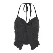 Halter-Neck Distressed Twisted Open-Back Slit Crop Camisole Top Gray - M