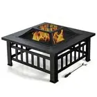 32 Inch 3 in 1 Outdoor Square Fire Pit Table with BBQ Grill and Rain Cover for C