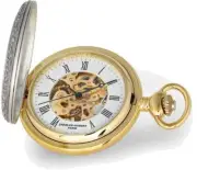 Charles Hubert 2-tone Lion Crest Hunter Case Skeleton Dial Pocket Watch