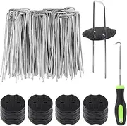 Sliva 80 Weed Control Membrane Pegs + 80 Washers & Pick Hook, 6"/150mm Weed Mat Pegs, U-Shaped Securing Stakes Metal Pins for Fabric, Matting, Netting,Hoses,Artifical Grass