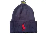 POLO RALPH LAUREN BEANIE HAT BLUE ROLL-UP /W LARGE RED PONY OSFM