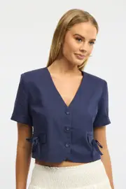 Blue Tailored Button Up Top - Size 8XS, Women's Crop Top