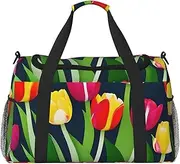 [CADREWY] Colorful Tulips pattern Print Travel Duffle Bag Large Capacity Tote Stylish Weekender Bag for Outdoor Activities, Black, One Size