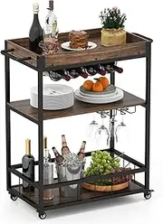 Giantex Kitchen Cart on Wheels, Bar Cart w/Removable Top Tray, Wine Rack, Glass Holder, 3-Tier Storage Shelf, 4 Hooks, Industrial Serving Cart for Kitchen, Dining Room, Rustic Brown