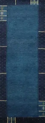 Blue Modern Runner Rug 3x8 Handmade Wool with Minimalist Geometric Design