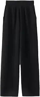 [Generic] Women Merino Wool Knitted Trousers Warm Wide Leg Pants Solid Color with Pocket High Waist Pants