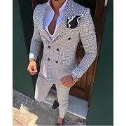 Men's Wedding Suits White Pink Checkered Standard Fit 2 Piece Double Breasted Six-buttons
