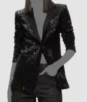 Alice + Olivia Women's Black Breann Sequined Tuxedo Blazer Jacket Coat Size 2