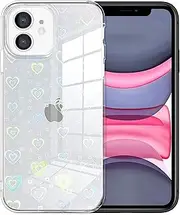 Jusy Compatible with iPhone 7 Plus / 8 Plus Case, Holographic Love Heart Iridescent Clear Kawaii Case, for Women Aesthetic Laser Bling Rainbow Cute Cover, Holo Reflective Case