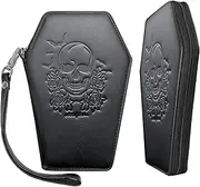 [Lazy Skull] Zip Around Coffin Wallet – Cute Witchy Small Purse for Women with Skull and Bat Design– Goth Accessory Wallet – Horror Coffin Purse– Spooky Halloween Gothic Wallet with Wristlet Strap,