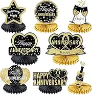 Happy Wedding Anniversary Decorations Table Honeycomb Centerpiece, 8pcs Anniversary Theme Party Supplies for Adult, 10th 25th 30th 40th 50th 60th Anniversary Table Decor Sign