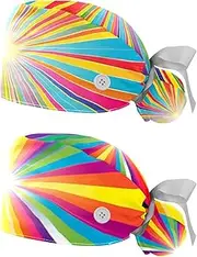 [YTYVAGT] 2-Pc,Nurse Scrub Caps,Scrub Hats with Buttons and Cotton Sweatband,Colorful Stripes and Light
