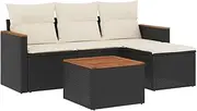 vidaxl Garden Sofa Set-Black Poly Rattan Modular Outdoor Lounge with Cream Cushions-Acacia Wood Table for Patio Terrace