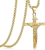 [Kakonia] Cross Necklace for Men Women Stainless Steel Jesus Crucifix Cross Pendant Venetian Chain 61 CM Silver/Gold Religious Jewellery