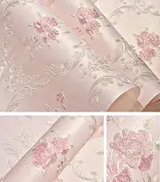 GLOW4U Embossed Rose Floral Contact Paper Self Adhesive Non-Woven Wallpaper Peel and Stick Wall Decor for Girls Living Room Bedroom Kitchen Bathroom Wall (Pink, 20.83" x 117")