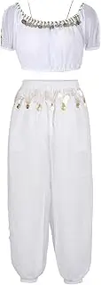 [TiaoBug] Women Belly Dance Outfits Puff Short Sleeve Crop Tops with Bloomers Pants Set Halloween Carnival Costume