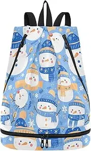 Yoogain Delicate Cartoon Snowman Sky Blue Drawstring soccer bags beach drawstring backpack with Wet Dry Compartments, Delicate Cartoon Snowman Sky Blue, 1 size