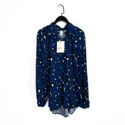 River Island And/Or Blue Black Leopard Print Long Sleeve Blouse - Size 14 NEW