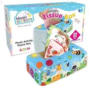 Magic Sensory Baby Tissue Box Toy – Learn Alphabet, Shapes, Colours and Animals – Soft Multi-Textured Educational Sensory Gift with Reusable Fabric Wipes – Unisex Montessori Toy for Babies 6–12 Months