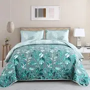 WONGS Bedding Green Quilt Set King Size, 3 Pieces Green Floral Botancal Leaves Summer Bedspread Coverlet Set with 2 Pillowcases for All Season, Soft Microfiber Floral Bedding Set 104''×90''