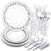 168Pcs Party Decorations Paper Plates Party Plates Serve 24 Birthday Silver