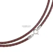 Sterling Silver 3mm Brown Braid Genuine Leather Cord Necklace Spring Ring Clasp