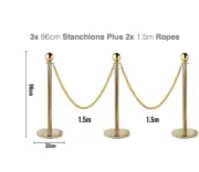3 Gold Queue Barriers Stand 2 GOLD TWISTED Rope Crowd Control Bollards Stanchion