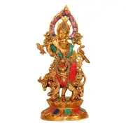 Brass Standing Krishna Playing Flute With Holy Cow Idol Statue Figurine 12"